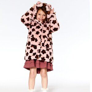Deux par Deux Pink with Brown Flower Jacquard Faux Fur Hooded Coat Baby 24M